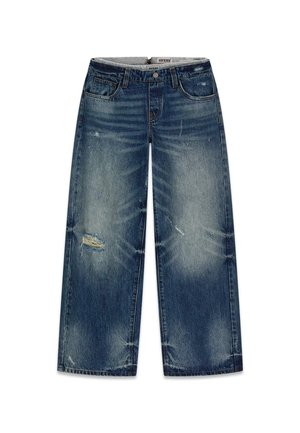 Niebieskie jeansy o szerokich nogawkach z przetartymi i wyblakłymi miejscami, z przednimi kieszeniami i paskiem z zapięciem na guzik.