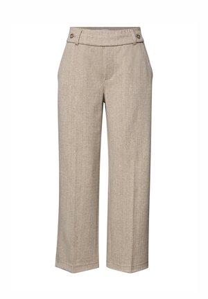 Beige wide-leg trousers made of textured fabric with a subtle pattern, featuring side pockets and two decorative buttons at the waistband.