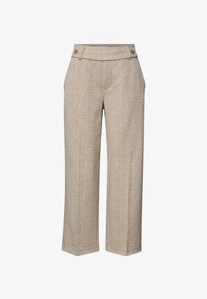 Beige wijde broek van gestructureerde stof met een subtiel patroon, voorzien van zijzakken en twee decoratieve knopen op de tailleband.