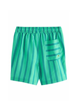 Zielone szorty kąpielowe w pionowe niebieskie paski, elastyczny pas i jedna tylna kieszeń z poziomymi paskami i żółtym akcentem.