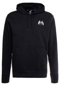 Svart hoodie i bomullsblandning. Har en framficka, dragsko på huvan och en vit logotyp på vänster bröst. Ribbad mudd och nederkant.