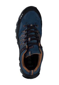 Blaue Wanderschuhe mit schwarzen Akzenten, strukturiertem Stoff und braunen Schnürsenkeln. Verfügt über eine verstärkte Zehenkappe und eine gepolsterte Innensohle, die für Langlebigkeit ausgelegt ist.