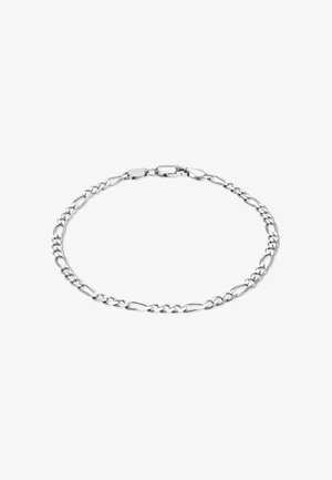 Silver Figaro chain bracelet with alternating short and elongated links and lobster clasp closure on white background.