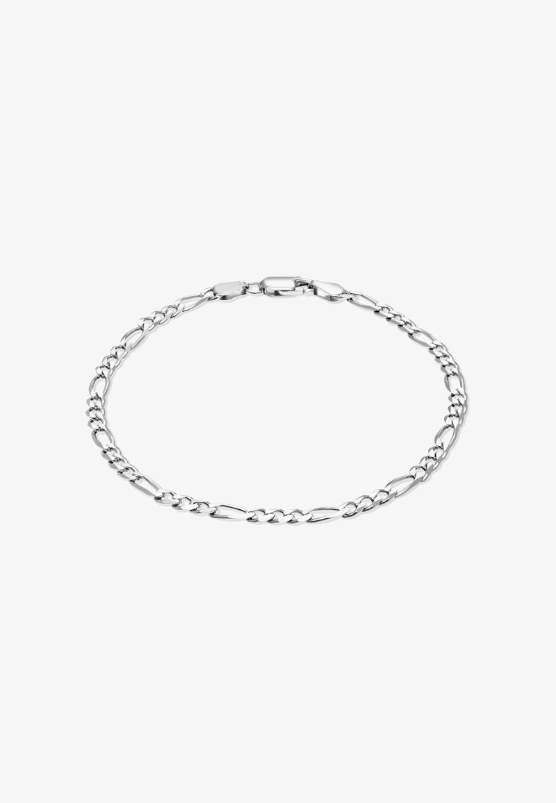 Silberne Figaro-Kettenarmband mit abwechselnden kurzen und länglichen Gliedern sowie einem Karabinerverschluss auf weißem Hintergrund.