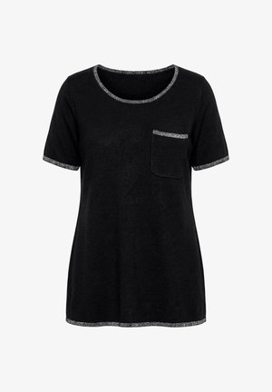 Schwarzes kurzärmeliges Hemd mit silbernem Besatz am Kragen, an den Ärmelbündchen, am Saum und an der Taschenkante, mit einer kleinen Brusttasche auf der linken Seite.