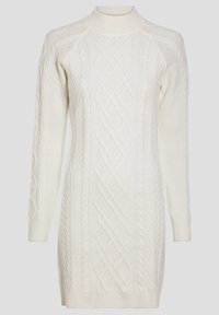 Robe pull en crème, avec un col haut, un motif torsadé et des manches texturées, présentant une silhouette ajustée et des poignets côtelés.