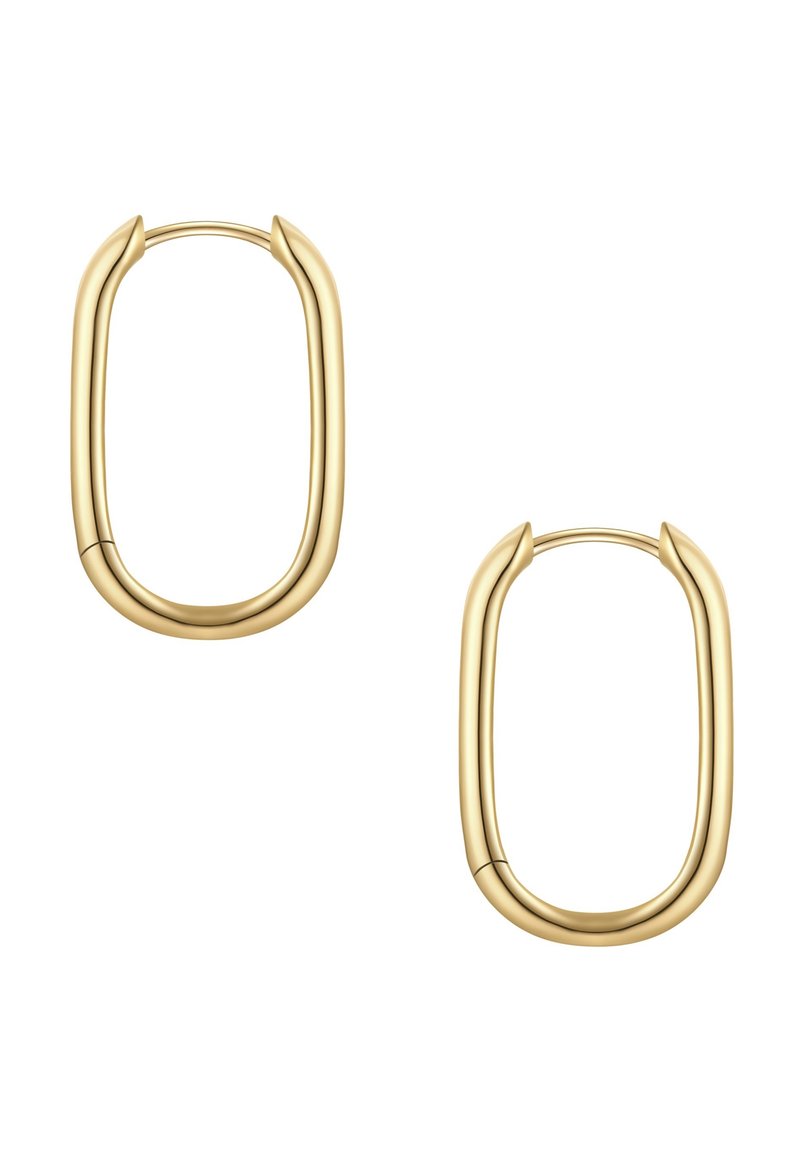 Auksinės spalvos metalinės auskarai geometrinio ovalo formos, su lygiomis briaunomis ir blizgiu paviršiumi. Lengvas dizainas, turintis paprastą modernią estetiką.