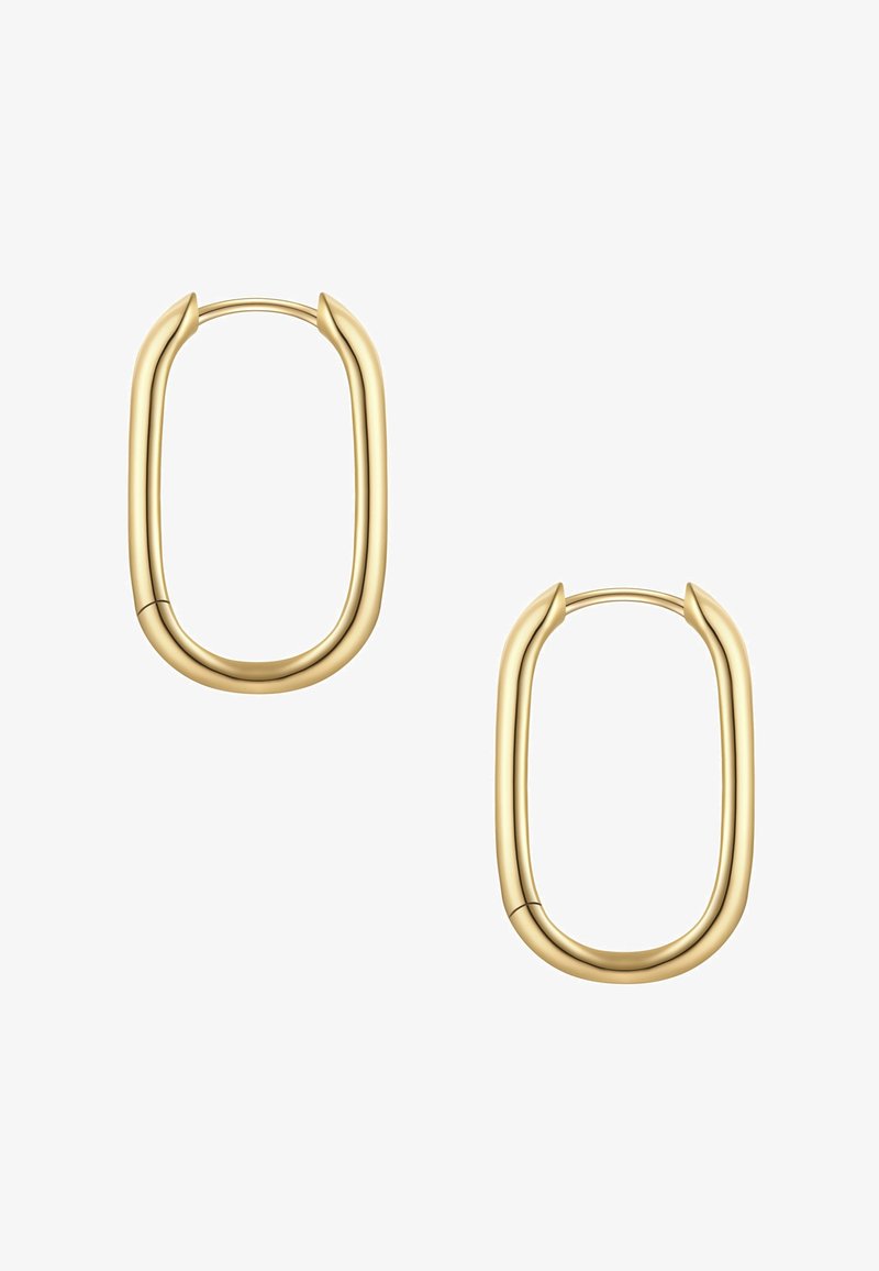 Auksinės spalvos metalinės auskarai geometrinio ovalo formos, su lygiomis briaunomis ir blizgiu paviršiumi. Lengvas dizainas, turintis paprastą modernią estetiką.