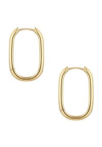 Naušnice od zlatnog metala u geometrijskom ovalnom obliku s glatkim rubovima i sjajnom završnom obradom. Lagani dizajn s jednostavnim, modernim estetskim izgledom.