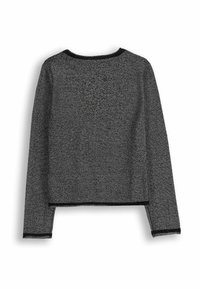 Szary krótki sweter z długimi rękawami, okrągłym dekoltem i czarną lamówką wokół dekoltu i mankietów. Dzianina o teksturowanej strukturze z delikatnym połyskiem.