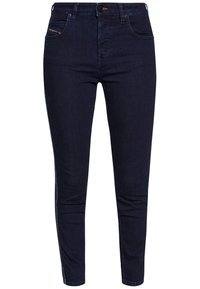 Mörkblå slim-fit jeans med hög midja, tillverkade av denim. Har framfickor och kontrasterande sidodetaljer med sömmar.