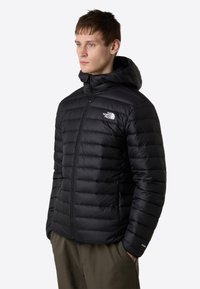 Black puffer jacket with a hood, featuring a front zipper, stitched panels, and "The North Face" logo on the left chest.