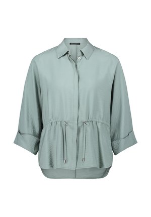 Hellgrünes langärmeliges Hemd mit Kragen, Knopfverschluss, verstellbarem Taillen-Zugband und geknöpften Ärmeln.