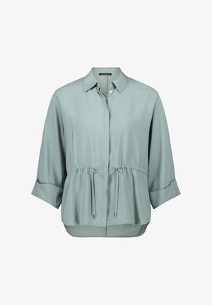 Hellgrünes langärmeliges Hemd mit Kragen, Knopfverschluss, verstellbarem Taillen-Zugband und geknöpften Ärmeln.