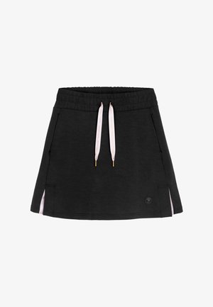 Black casual skirt with elastic waistband, pink drawstring, side pockets, and small side slits with pink inner lining.