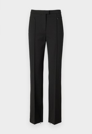 Pantaloni neri con un design elegante, caratterizzati da un davanti piatto, tasche con zip e un taglio dritto. Realizzati in un tessuto liscio.