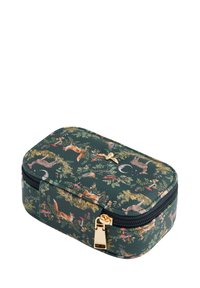 Liten rektangulär grön fodral med dragkedja, prydd med illustrationer av skogsdjur och svampar, och har en gulddragkedja med ett fågelmärke.