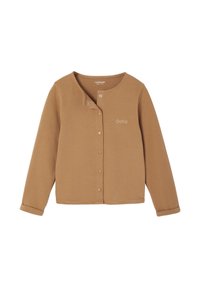 Braunes Langarmkleidungsstück mit rundem Ausschnitt, vorderen Druckknopfverschlüssen und einem dezenten gestickten Logo. Glatte Stoffstruktur über das gesamte Kleidungsstück.