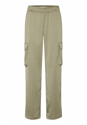 Lyse olivengrønne cargo-bukser med elastisk talje, sidelommer og et glat, let stof. Retline-design forbedrer komforten.