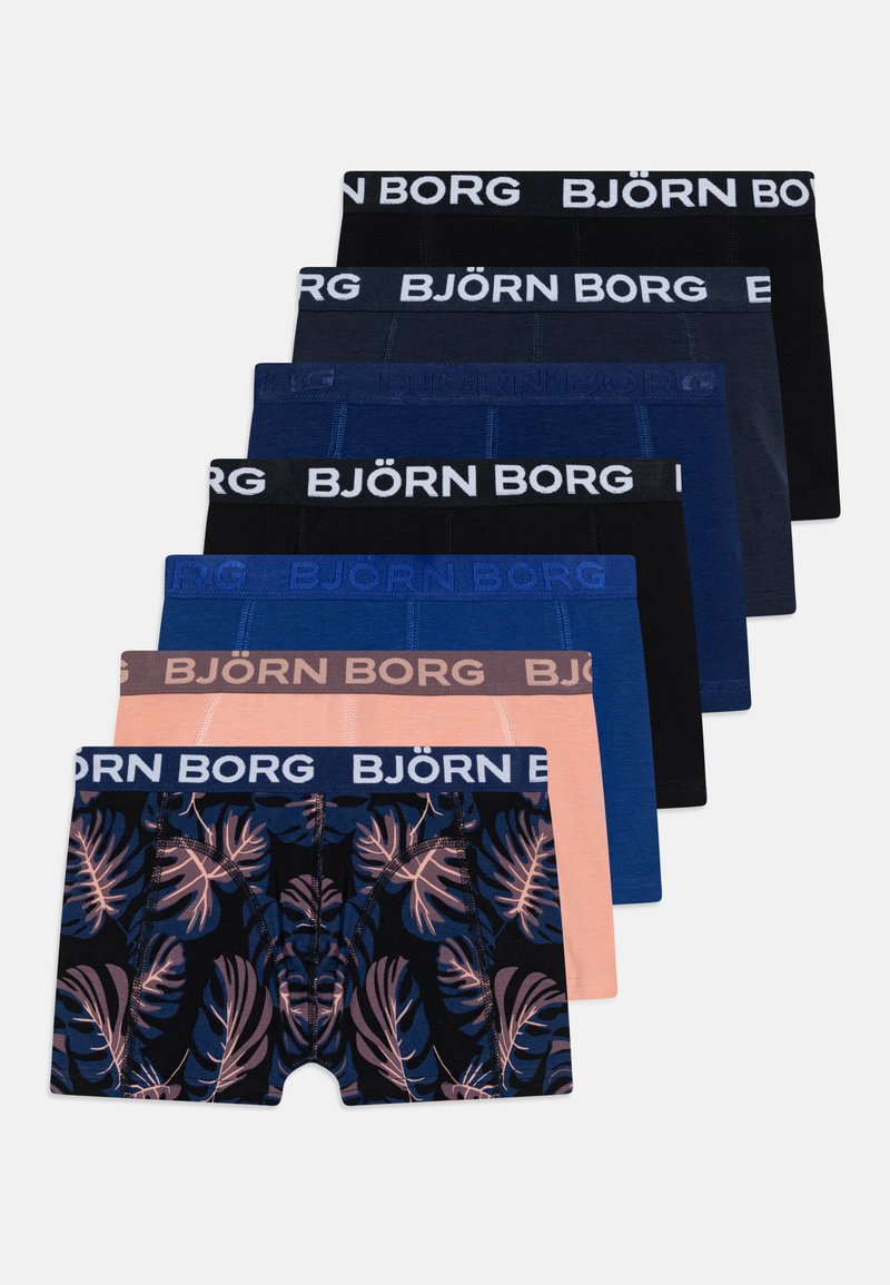 Conjunto de ocho bóxers en colores variados: negro, azul marino y melocotón. Presenta cinturillas elásticas con la marca "BJÖRN BORG" y un patrón floral en un par.