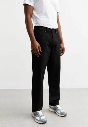 Zwarte denim jeans met een rechte pasvorm, voorzien van een knoop- en ritssluiting, vijf-pocket ontwerp en subtiele stikseldetails.