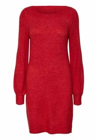 Robe rouge en maille avec un col rond, des manches longues bouffantes et un tissu texturé. Présente une coupe ample, arrivant à mi-cuisse.