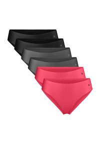 Confezione di sei mutande da donna in tessuto morbido, disponibili in nero, grigio scuro e rosso. Ogni pezzo presenta una vita comoda e un design minimale.