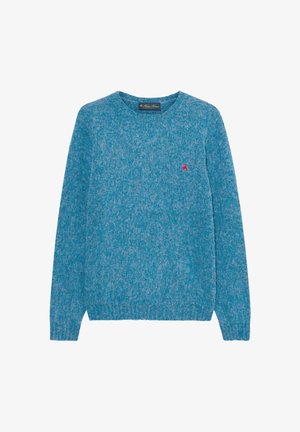 Türkiser Strickpullover mit Rundhalsausschnitt, langen Ärmeln und einem roten, gestickten Logo auf der Brust. Weicher Textur mit meliertem Muster.