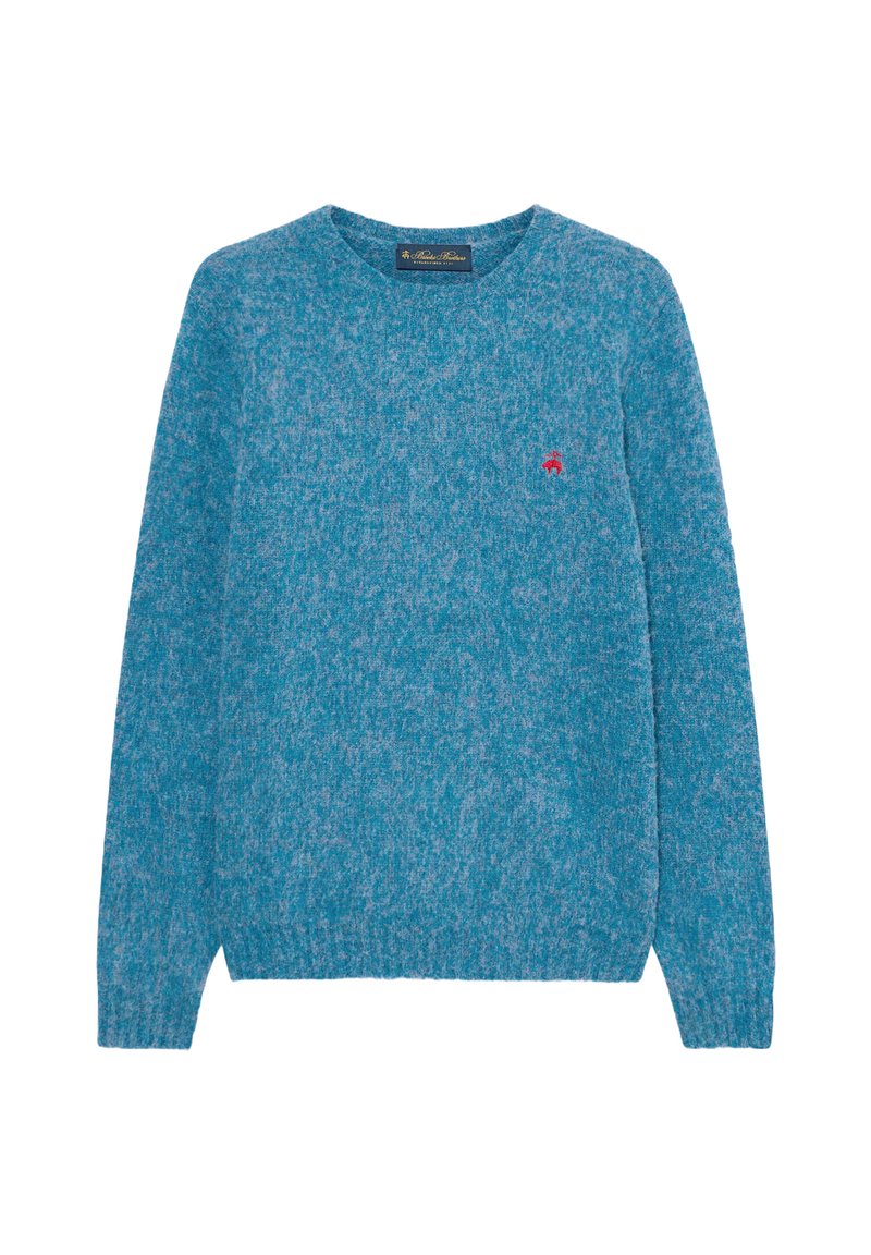 Türkiser Strickpullover mit Rundhalsausschnitt, langen Ärmeln und einem roten, gestickten Logo auf der Brust. Weicher Textur mit meliertem Muster.