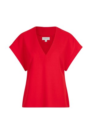 Rood T-shirt met korte mouwen en een V-halsontwerp, gemaakt van een gladde stof, met een relaxte pasvorm en zonder zichtbare hardware of versieringen.