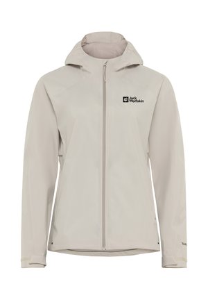 Lichtbeige, gevoerde jas gemaakt van softshellmateriaal met een volledige rits. Bevat een logo op de linkerkant van de borst en verstelbare manchetten.