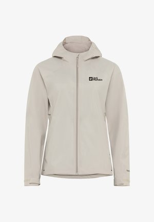 Helle beige, kapuzenjacke aus Softshell-Material mit vollem Reißverschluss. Mit Logo auf der linken Brust und verstellbaren Ärmelbündchen.