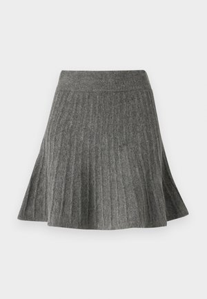 Gray, pleated skirt made of soft material. Features a ribbed waistband and a flared shape, providing a textured appearance.
