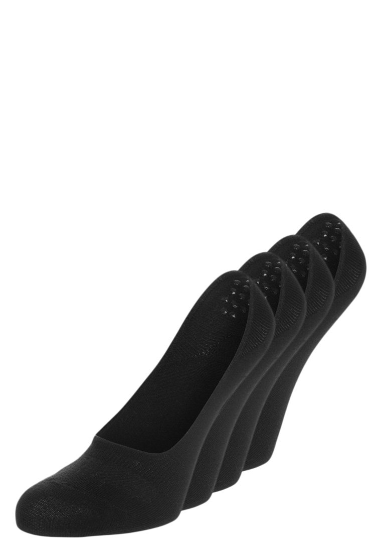 Calcetines bajos negros con una textura suave, diseño de punta redondeada y puntos de agarre en la parte inferior. Cuatro pares exhibidos en fila.