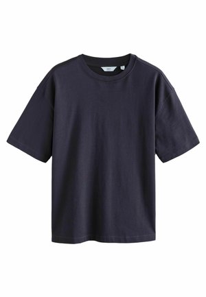 Navy blue cotton t-shirt with short sleeves, round neckline, relaxed fit, and stitched hem. Simple, solid design without patterns or accents.