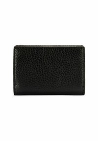Czarny skórzany portfel o teksturowej powierzchni, prostokątnym kształcie, czystych krawędziach i subtelnym przeszyciu wzdłuż boków.