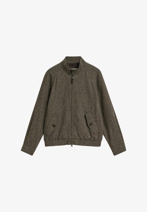 Brown wool-blend jacket with a high collar, front zip, and two buttoned flap pockets. Features elasticized hem and cuffs.