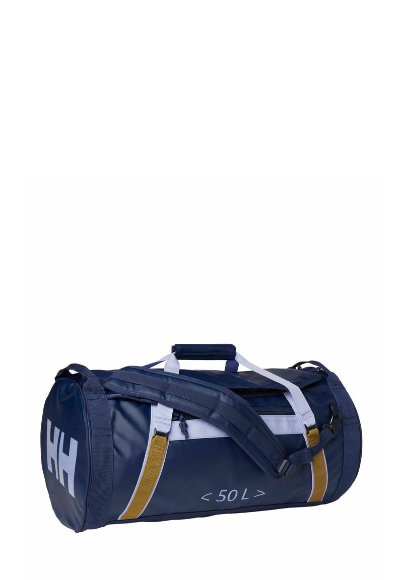 Sac de sport bleu marine en matériau résistant, présentant des accents blancs et dorés, un dessus zippé, des poignées et une bandoulière réglable.