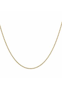 Collana in oro delicata con catena a corda, caratterizzata da anelli intrecciati che formano un motivo attorcigliato, esposta su uno sfondo bianco.