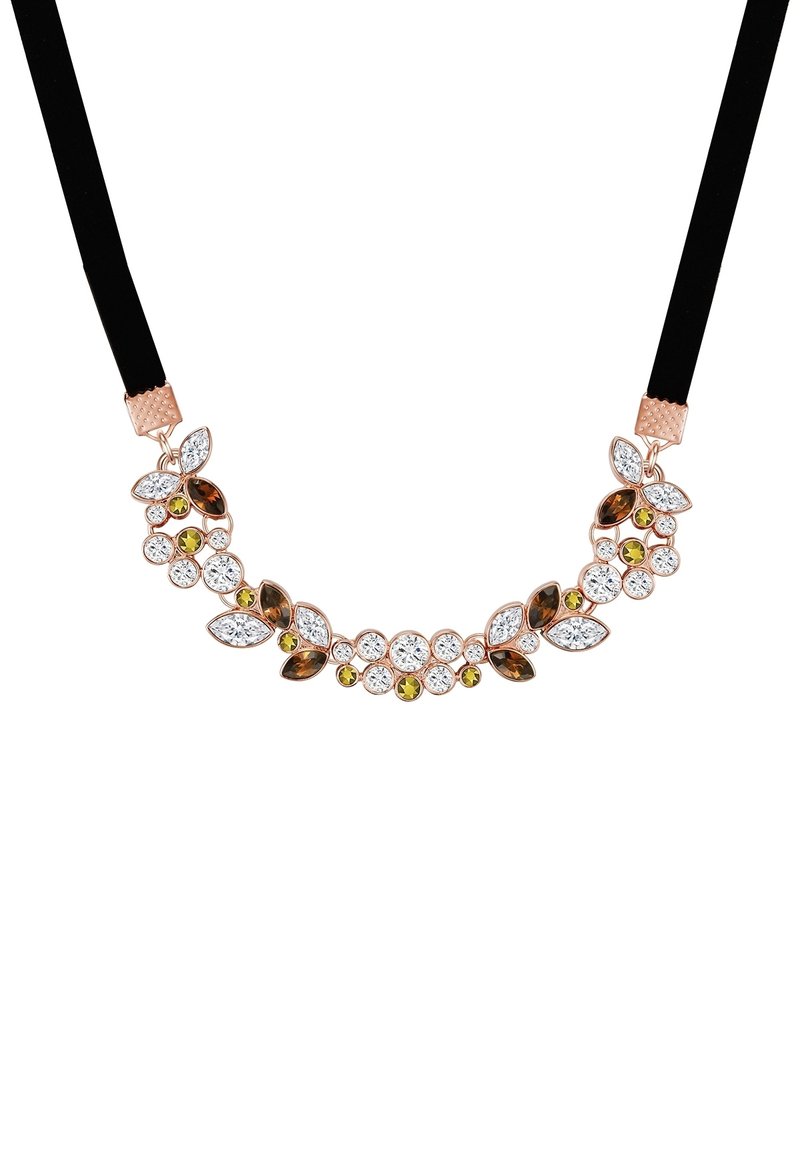 Collar con un cordón negro, con acentos de oro rosa y un diseño floral adornado con piedras preciosas claras, ámbar y verdes.
