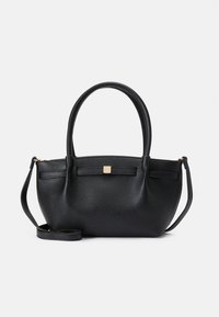 Black leather handbag with a textured finish, dual handles, and detachable shoulder strap. Features a square gold accent on the front.