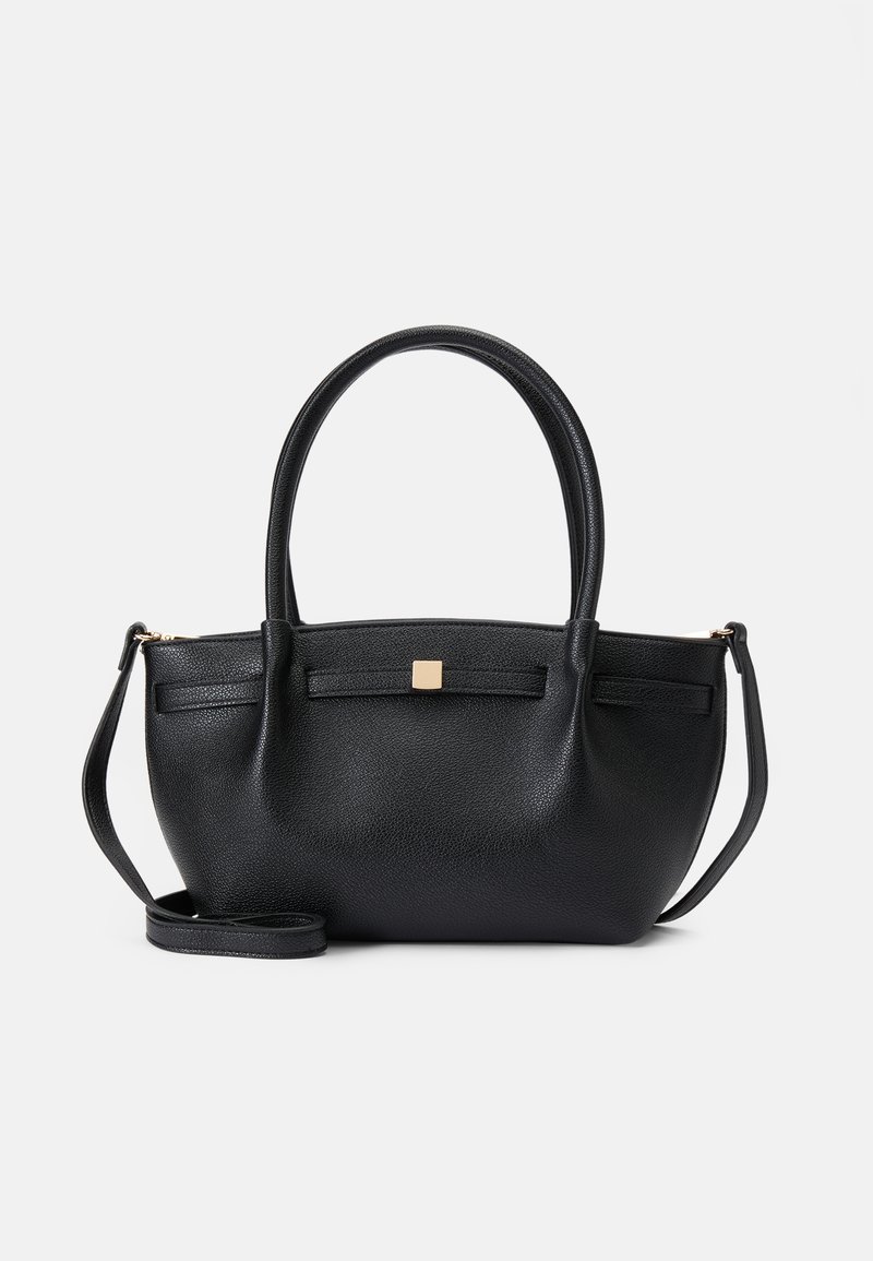 Black leather handbag with a textured finish, dual handles, and detachable shoulder strap. Features a square gold accent on the front.