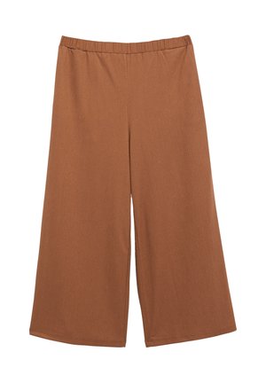 Wijde cropped broek in lichtbruin met elastische tailleband, gemaakt van geribbelde tricotstof.