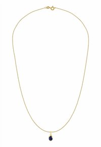 Kuldne kett kaelakee sileda, õhukese disainiga, millel on pisarakuju tume sinine vääriskivi ripats.