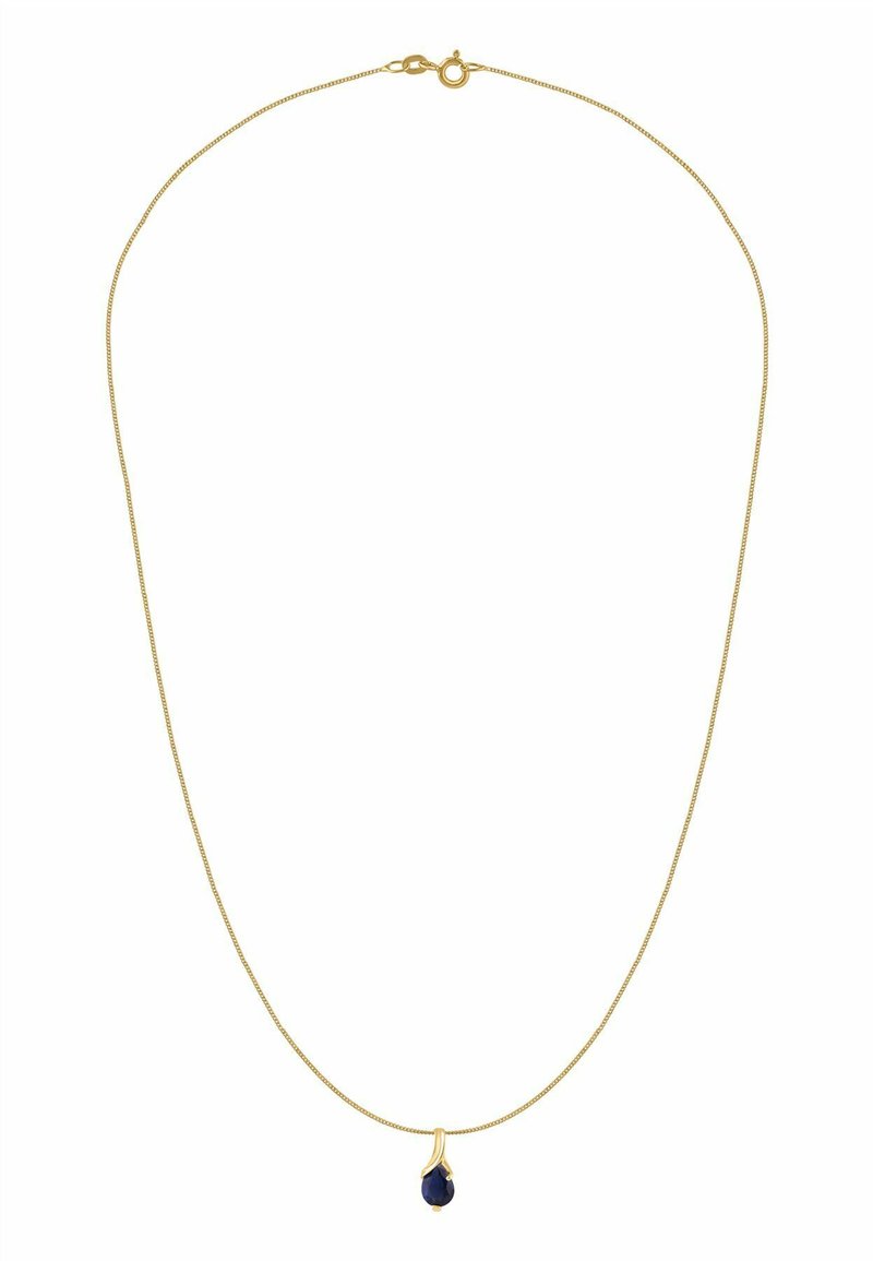 Kuldne kett kaelakee sileda, õhukese disainiga, millel on pisarakuju tume sinine vääriskivi ripats.