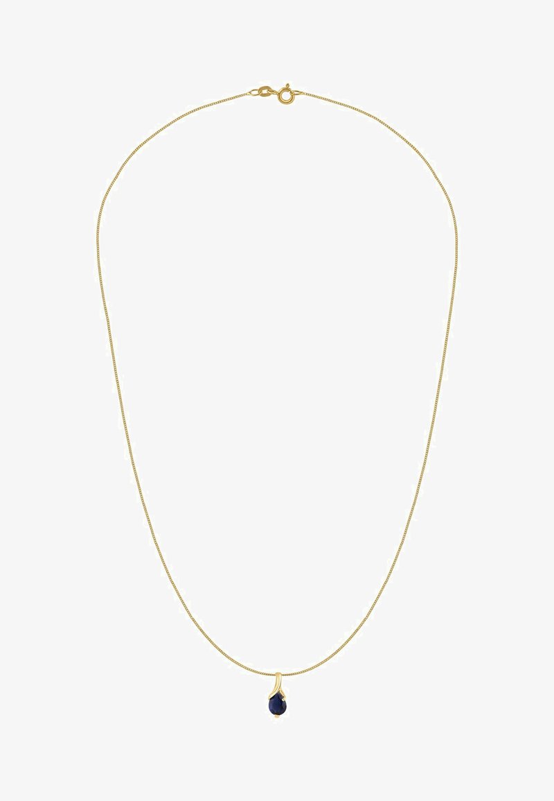 Kuldne kett kaelakee sileda, õhukese disainiga, millel on pisarakuju tume sinine vääriskivi ripats.