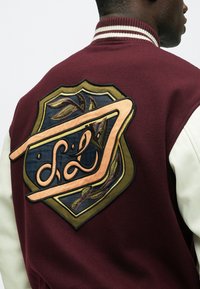 Bordinės spalvos universiteto striukė su dramblio kaulo odinėmis rankovėmis. Nugaroje didelis siuvinėtas pleistras su skydo forma, auksiniais ir tamsiai mėlynais akcentais.