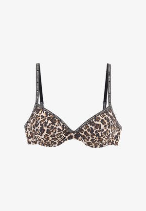Soutien-gorge à armatures imprimé léopard avec fines bretelles noires, avec le texte « Copenhagen Studios » sur les bretelles et la bordure.