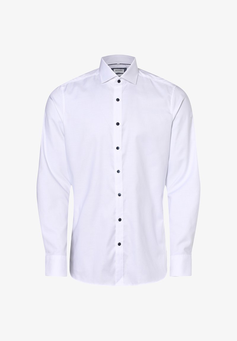 Weißes Langarmhemd aus glattem Stoff mit Kentkragen, ausgestattet mit schwarzen Knöpfen auf der Vorderseite und knöpfbaren Manschetten.