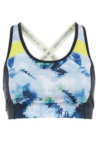 Top sportivo con un motivo geometrico in blu e verde a pixel, con accenti gialli e spalline incrociate, realizzato in materiale elastico.